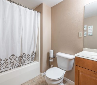 A clean, beige bathroom with a white shower curtain, toilet with a toilet paper holder, wooden vanity with sink, and a large mirror above the sink. The floor is tiled, and there are small decorations on the wall.