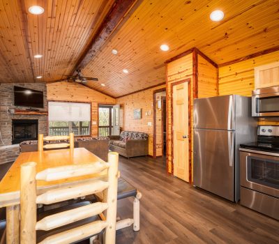 A cozy cabin interior with wood-paneled walls and ceiling, a dining table, modern stainless steel kitchen appliances, a couch, large windows, and a stone fireplace with a TV above it.