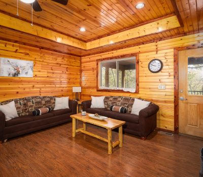 A cozy cabin living room with wood-paneled walls and ceiling, two brown sofas with patterned cushions, a wooden coffee table, a wall clock, a door with a window, and a large window with a view of trees.