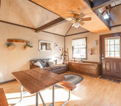 A cozy, sunlit cabin interior with wooden floors, a brown leather sofa, a rustic wooden dining table with benches, wall shelves, a ceiling fan, and large windows near a wooden door. A loft ladder is visible on the left.