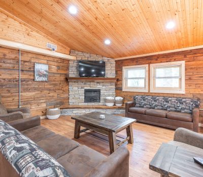 A cozy wood-paneled living room with a stone fireplace, mounted TV, two patterned couches, an armchair, and a wooden coffee table. Natural light enters through two windows, and rustic decor accents the space.