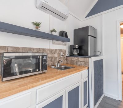 Small kitchenette with a wooden countertop, microwave, sink, coffee maker, and mini fridge. Open shelf above holds small plants and speakers. Bathroom with shower is visible through a doorway. Walls are white and blue.