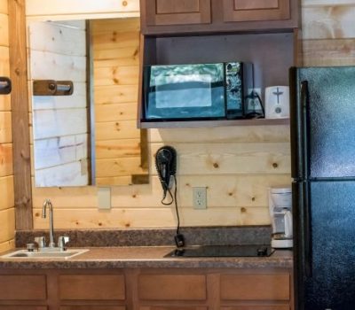 A compact wooden kitchenette features a sink, countertop, and upper cabinets. Appliances include a microwave, coffee maker, and black refrigerator. A wall-mounted hairdryer and a mirror are also visible, along with beige wooden walls and dark brown countertops.